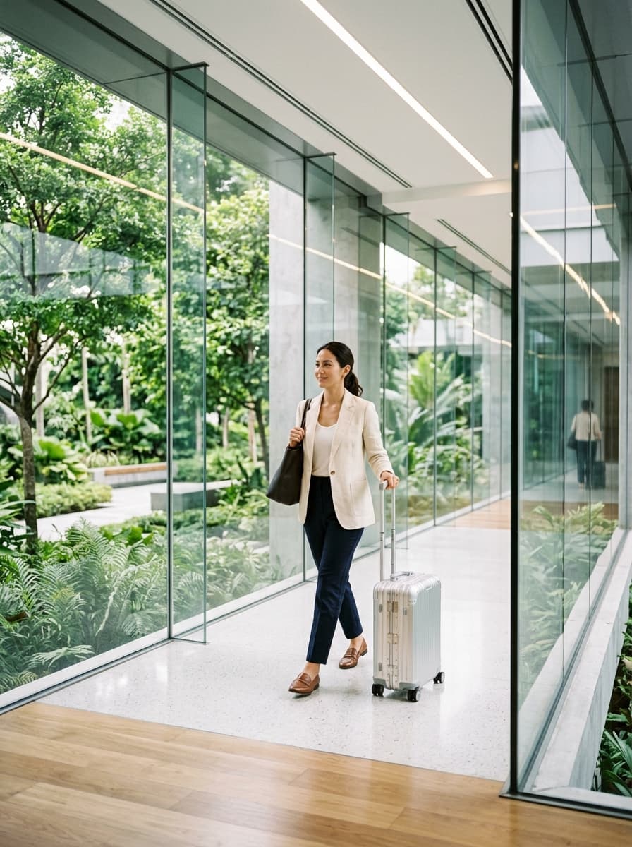 Traveler gliding aluminum carry-on spinner through modern glass concourse